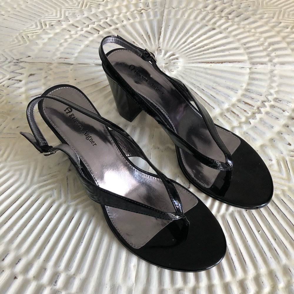 Etienne Aigner Chuncky Heel Open-toed Sandels Black Patent Leather 9 1/2